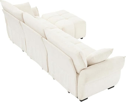 Modern Chenille Fabric 3-Seat Sofa w/Ottoman+2 Pillows, Premium Upholstery Living Room Couch with Tufted Backrest & Comfortable Armrests and High-Resilience Memory Foam Cushions,White