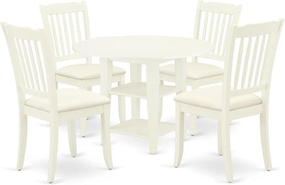 East West Furniture SUDA5-LWH-C 5 Piece Kitchen Table Set for 4 Includes a Round Dining Room Table with Dropleaf & Shelves and 4 Linen Fabric Upholstered Chairs, 42x42 Inch, Linen White