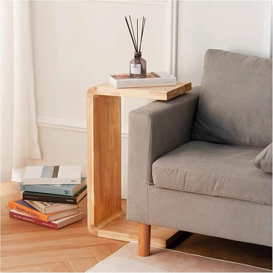 C Shaped End Table, Solid Wood C Side Table for Couch Sofa and Bed, Sofa Tables That Slide Under for Space Saving, Small Snack C Tables for Living Room Bedroom (H 24.4″ - Wood, 1)