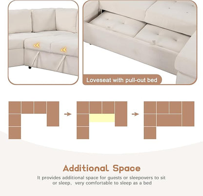 108.3 Inch Modular Sectional Sleeper Sofa with Pull-Out Bed and Lounge Chair, U-Shaped Combination Corner Couch w/USB & Type-C Interfaces, for Living Room Bedroom Office, Beige