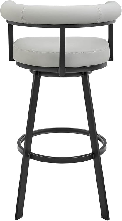Armen Living Magnolia Swivel Bar Stool in Black Metal with Light Grey Faux Leather