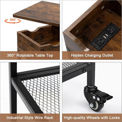 Hadulcet End Table with Charging Station, Couch End Tables Rotating Top Skinny Nightstand with Outlet for Living Room Bedroom Rustic Brown
