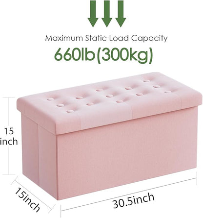 PRANDOM Extra Large Ottoman with Storage [1-Pack] Velvet Folding Small Square Foot Stool with Lid for Toy Living Room Bedroom Coffee Table Dorm Pink 30.5x15x15 inches