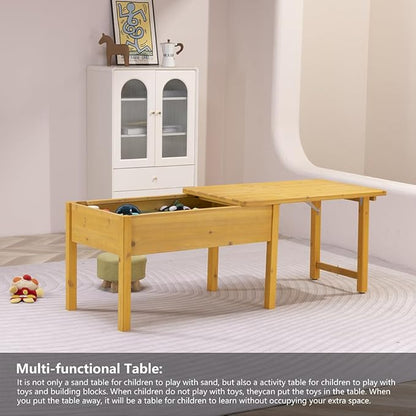 BIRASIL Wooden Kids Sensory Tables with Folding Lid, Activity Table for Children, Elevated Play Tables with Storage for Indoor Outdoor, Yellow