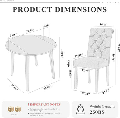 COLAMY 3-Piece Extendable Dining Table Set for 2, 36" Kitchen Round Wood Table with 2 Tufted Dining Room Chairs,Light Brown/Dark Grey