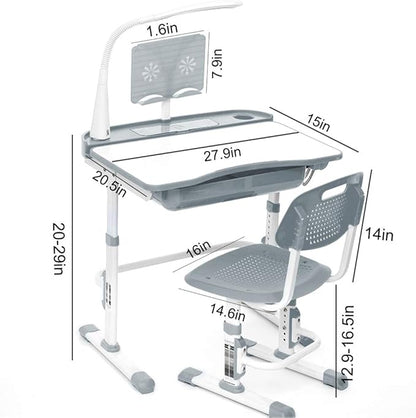 Kids Desk and Chair Set, Height Adjustable Children School Study Desk with Tilt Desktop, Bookstand, LED Lamp, Metal Hook and Storage Drawer for Boys Girls, Grey