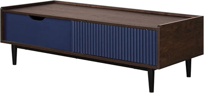 Manhattan Comfort Duane Mid Century Modern Coffee Table with Drawer & Cubby Shelf, Living Room Furniture with Ribbed Flat Design, Wood Grain Laminate Finish & Durable Iron Metal Feet, Navy Blue