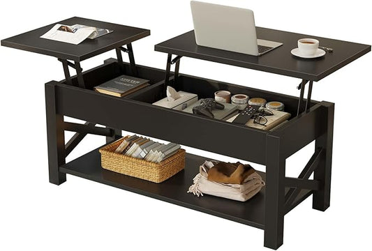 Rolanstar Coffee Table 47.2", 2 Way Lift Top Farmhouse Center Table with Hidden Compartment, Open Shelf & X Wooden Support for Living Room, Black