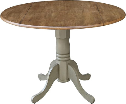 IC International Concepts, 42" Round Dual Drop Leaf Pedestal Dining Table, Solid Real Wood, Sturdy Parawood, Distressed Hickory/Stone