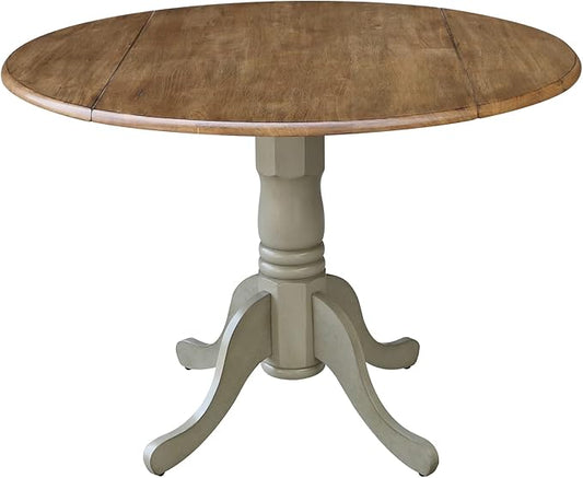 IC International Concepts, 42" Round Dual Drop Leaf Pedestal Dining Table, Solid Real Wood, Sturdy Parawood, Distressed Hickory/Stone