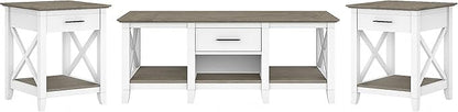 Bush Furniture Key West Coffee Table with Set of 2 End Tables in Pure White and Shiplap Gray