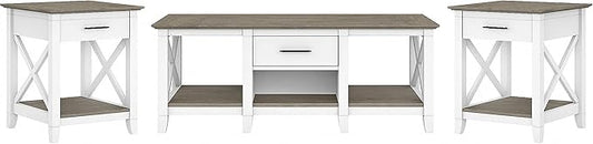 Bush Furniture Key West Coffee Table with Set of 2 End Tables in Pure White and Shiplap Gray