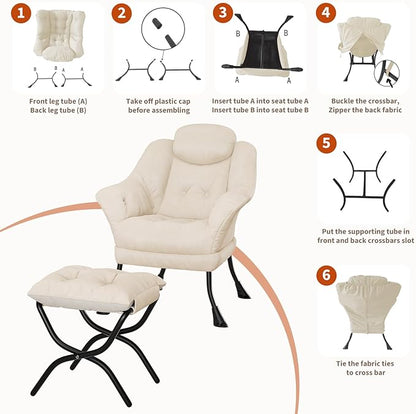 IDEALHOUSE Lazy Chair with Ottoman - Modern Living Room Chairs for Small Spaces, Ergonomic Reading Chair with Armrests, Comfy Chair with Ottoman for Bedroom & Living Room, Beige