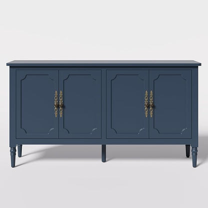 Console Cabinet, 58'' Mid Century Modern Pantry Cabinet, Wood Buffet Cabinet, Media Cabinet with 4 Doors, Accent Cabinet for Entryway, Living Room, Dining Room (Blue)