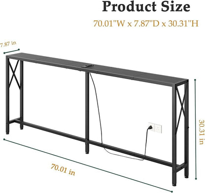 Console Table Narrow Long, Behind Couch Table with Oulets & USB Ports, Industrial Long Skinny Stand for Entryway,Hallway, Living Room, Bedroom Black, 7.9" D x 70" W x 24.8" H