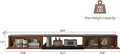 High Gloss Floating TV Stand,70'' Wall Mounted TV Console,Under TV Floating Shelf,Floating TV Cabinet with 3 Doors for Bedroom Living Room(Walnut)
