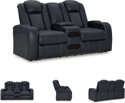 Signature Design by Ashley Fyne-Dyme Contemporary Power Reclining Loveseat with Console, USB Charging Ports and Adjustable Headrest, Blue