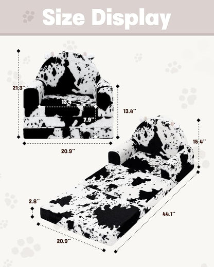 2-in-1 Toddler Chair and Couch – Soft Faux Rabbit Fur, Cow Pattern Design, Fold Out Seat for Reading & Nap, Ages 1–3