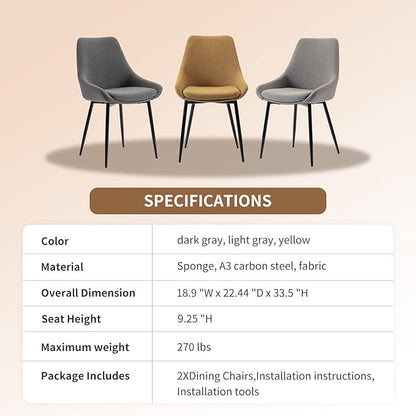 Dining Chairs Set of 2 Ergonomic Living Room Chairs Yellow Kitchen Chairs,Loads Up to 270lbs,Quick Assembly,Dining Room Chairs with Arms for Kitchen,Dining, Bedroom, Living Room