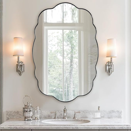 ANDY STAR Chrome Vintage Scalloped Mirror - 30x40 Inch Retro Bathroom Mirror, Unique Irregular Oval Wavy Mirror with Heavy Duty Metal Frame