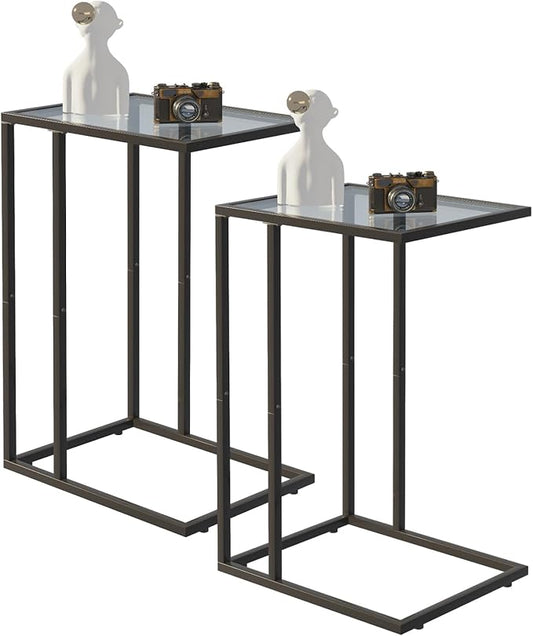 Easy Paws C Shaped End Table Set of 2, Tempered Glass Snack Side Table with Metal Frame, Sofa Couch Side Table, Modern Style, Black