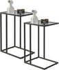 Easy Paws C Shaped End Table Set of 2, Tempered Glass Snack Side Table with Metal Frame, Sofa Couch Side Table, Modern Style, Black