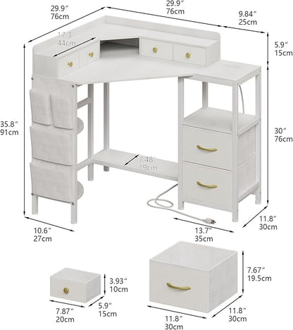 Corner Desk with 6 Drawers Shelves for Small Space Computer Desk with Power Outlets,Gaming Desk with Printer Monitor Stand Storage for Home Office Workstation Writing Table (White, 31.5)