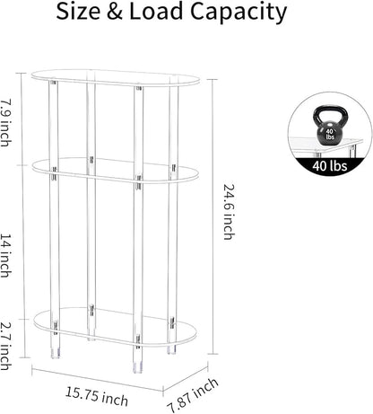 Clear Acrylic Narrow Side Table for Small Spaces, 15.75" L x 7.87" W x 24.6" H, 3 Tier Oval Slim End Table Nightstand, Small Minimalist Skinny Bedside Table for Bedroom, Bathroom, Living Room