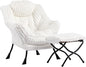 HollyHOME Fabric Lazy Chair with Foldable Ottoman, Accent Comfy Lounge Arm Chair and Folding Footrest Stool Set, Leisure Sofa Reading Chair and Footstool for Living Room, Bedroom, Dorm, Faux-Fur White