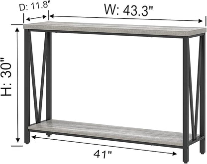 FOLUBAN Industrial Sofa Console Table, Rustic Wood and Metal Entryway Hallway Table for Living Room Entrance, 43.3 Inch Light Grey