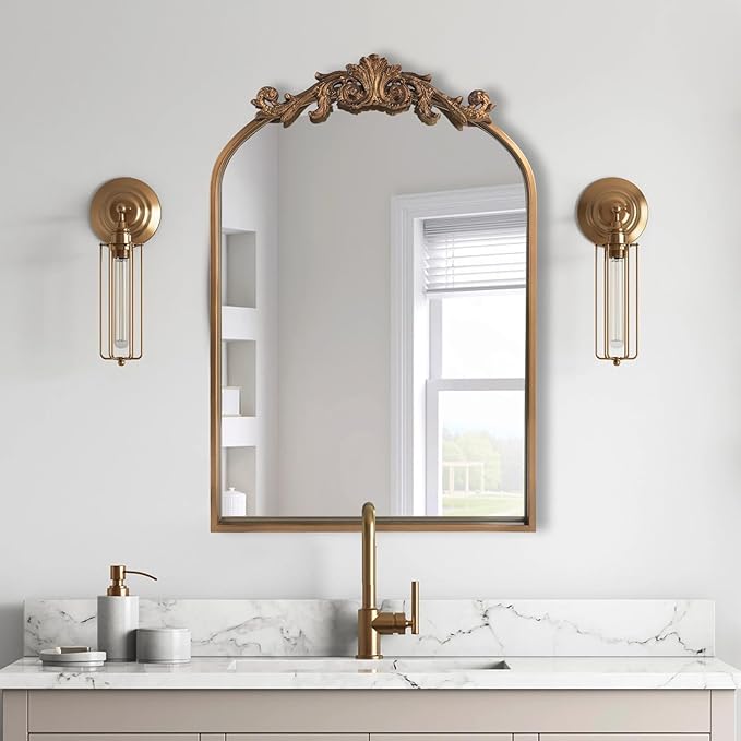 WAMIRRO Antique Mirror,Gold Traditional Vintage Ornate Baroque Arched Brass Wall Mounted Mirrors for Entryway/Fireplace/Living Room/Hallway/Bathroom 19"X27"