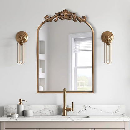 WAMIRRO Antique Mirror,Gold Traditional Vintage Ornate Baroque Arched Brass Wall Mounted Mirrors for Entryway/Fireplace/Living Room/Hallway/Bathroom 19"X27"