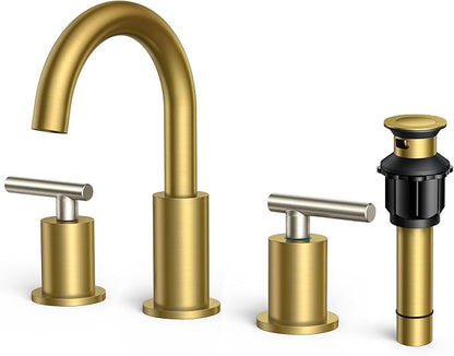FORIOUS Brushed Nickel and Gold Bathroom Faucet 3 Hole, Lead-Free 8 in Widespread Bathroom Vanity Faucet Brushed Gold and Silver with Metal Pop-up Drain, cUPC Supply Hoses, and 1.2 GPM Spare Aerator