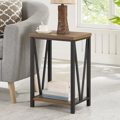 FOLUBAN Side Table with Storage Shelf, Rustic End Table for Living Room, Wood and Metal Nightstand for Bedroom, Oak