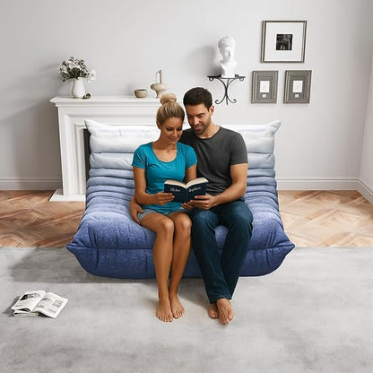 Bean Bag Chairs for Adults, Memory Foam Couch Loveseat Sofa Chair, Soft Teddy Material Cozy Comfy Reading Nook Chairs, Floor Chair for Living Room Bedroom Office(Blue-White)