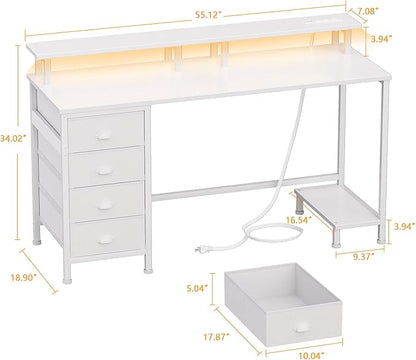 Furologee 55" White Computer Desk with 4 Fabric Drawers & Monitor Stand, Gaming Desk with Power Outlets - LED Lights, Home Office Space-Saving Study Table for Bedroom Small Spaces