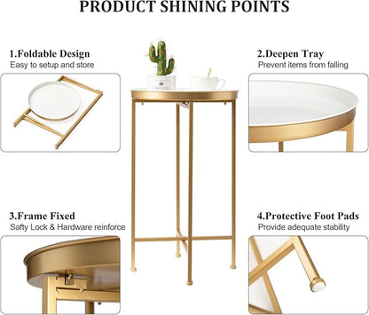 danpinera Gold Side Table, Metal Folding Black Side Table Small Round Circle End Table with Tray Top Waterproof Black Nightstand for Bedroom Living Room Small Spaces 25.75 Inch