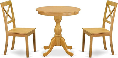 East West Furniture ESBO3-OAK-W 3 Piece Dining Set Contains a Round Dining Room Table with Pedestal and 2 Wood Seat Chairs, 30x30 Inch, Oak