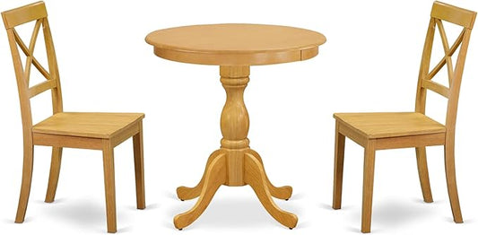 East West Furniture ESBO3-OAK-W 3 Piece Dining Set Contains a Round Dining Room Table with Pedestal and 2 Wood Seat Chairs, 30x30 Inch, Oak