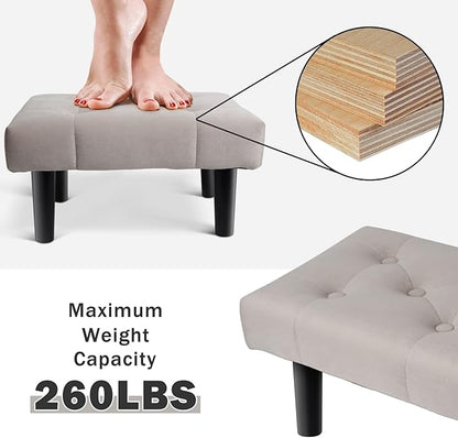 HOUCHICS Small Footstool Ottoman, Velvet Wooden Foot Stool Ottoman with Wood Legs, Sofa Footrest Extra Seating for Living Room Entryway Office(Grey 1PACK)