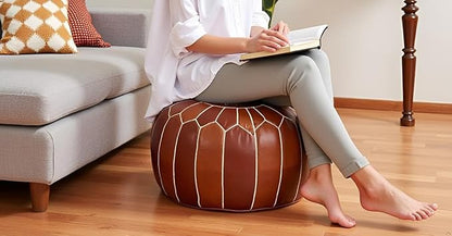 Stuffed Round Design Moroccan Leather Pouf Ottoman, Handmade, Pre-Filled, 100% Genuine Leather, 13” Height x 20” Diameter, Footstool & Living Room Décor (Dark Tan)