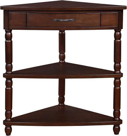 GDFStudio Trmxmbi 3 Tier Corner Console Table with 1 Storage Drawers and Shelves, 33.8'' Rustic Wood Triangle Sofa End Table for Small Spaces, Solid Wood Legs, Light Espresso