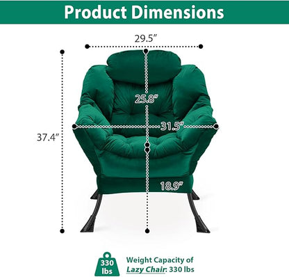 Lazy Chair Thick Padded, Comfy Velvet Accent Lounge Chair with Stable Frame, Leisure Sofa Armchair with Armrests and Side Pocket, Reading Chair for Bedroom, Living Room, Office, Green