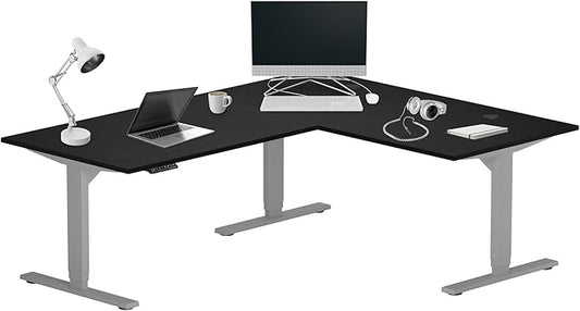 Progressive Desk Height Adjustable Computer Standing Desk - L Shaped 70" x 55" Corner Electric Stand Up Rising Workstation - Ebony Oak, Gray Frame