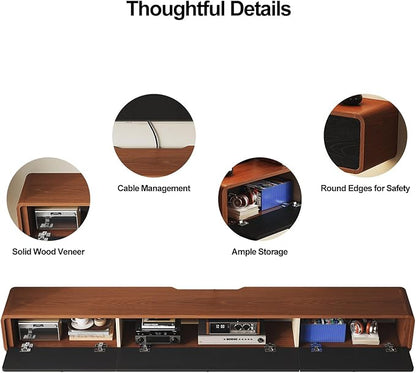 Minimalist 55'' Floating TV Stand with 3 Doors,Solid Wood Wall Mounted TV Console,Floating Entertainment Center with Hidden Storage,Curved Round Edges,Natural Wood Finish(Walnut)