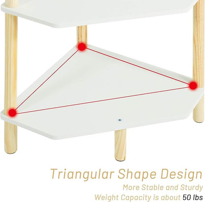 LITA Modern Wood Side Table, Triangular Accent End Table Plant Night Stand with Magazine Storage for Bedroom, Living Room, Bathroom, White, 4- Tier