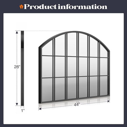 Wide Window Pane Mirror, 44" x 28" Black Arched Mirror for Wall, Grid Large Decorative Wall Mirrors for Living Room Bedroom Farmhouse Fireplace Hallway Entryway