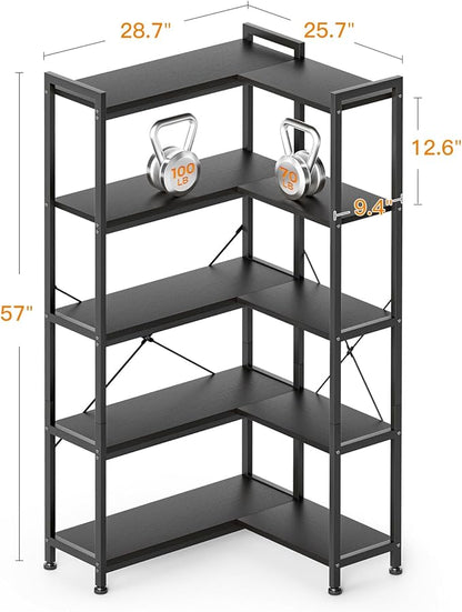 Casaottima Corner Bookshelf 5 Tier, 57 Inches Reversible Book Shelf for Living Room, Industrial Wooden Bookcase with Open Shelves and Metal Frame for Bedroom, Home Office, Kitchen, Black