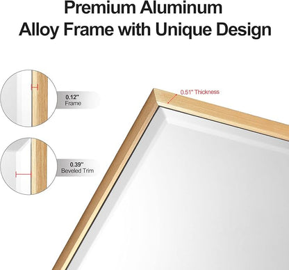 30x36 Inch Gold Mirror with Beveled Trim, Aluminum Frame Bathroom Vanity Mirror, Copper-Free Mirror, Rectangle Wall Mounted Mirror, Modern Rectangular Mirror Horizontal or Vertical