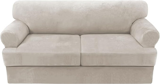 H.VERSAILTEX Sofa Cover 3 Piece T Cushion Sofa Slipcovers Thick Velvet Couch Cover Stretch T Cushion Sofa Covers for 2 Cushion Couch with 2 Individual T Cushion Covers, French Oak